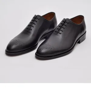 Ariston Mens Solid Black Whole Cut Oxford Leather Dress Shoes- Wide Width