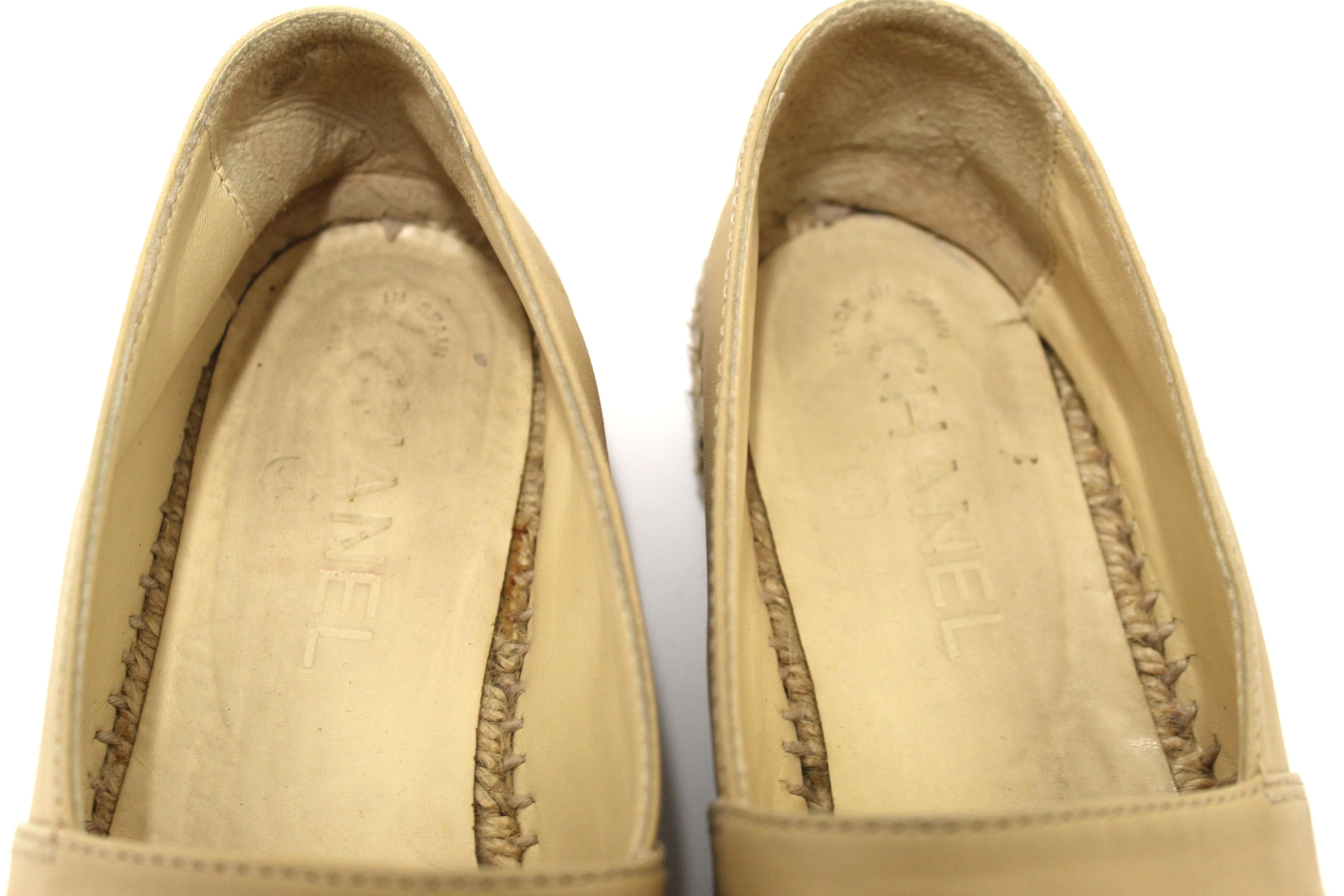 Authentic Chanel Beige/Black Lambskin Leather Espadrilles Shoes Size 37.5