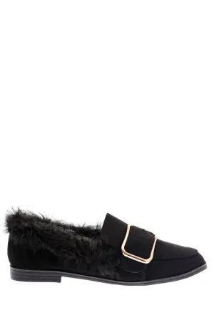 Black Fluffy Flat Shoe with Front Buckle Detail