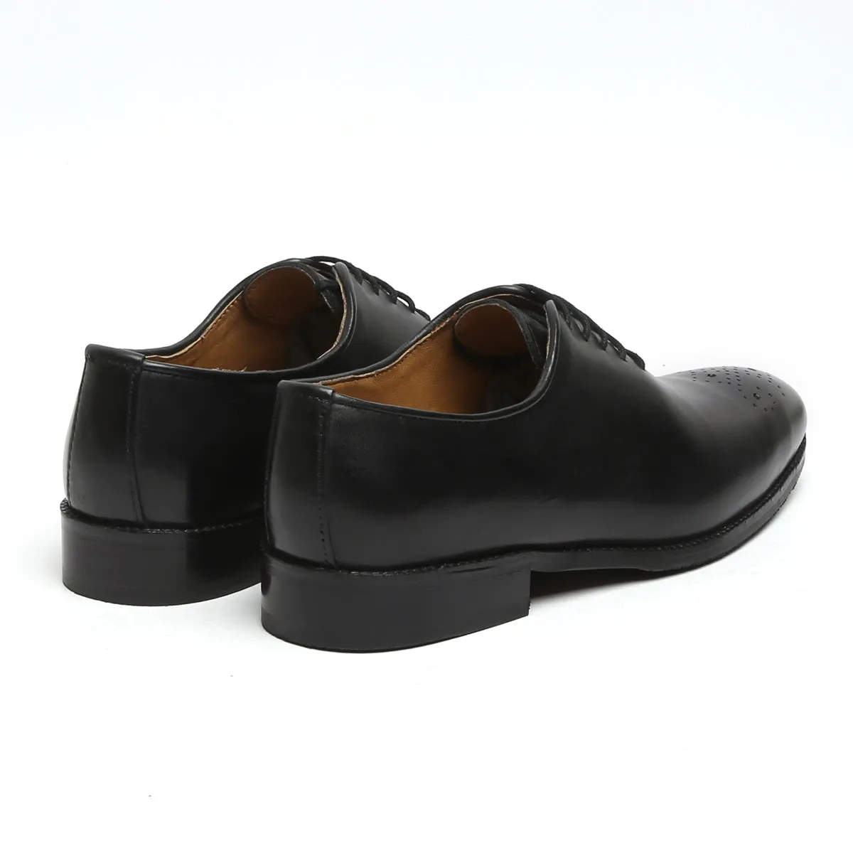 Black Leather Oxford Lace-Up Shoe Whole Cut/One Piece Medallion Toe By Brune & Bareskin