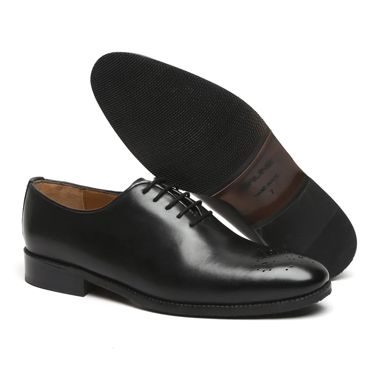 Black Leather Oxford Lace-Up Shoe Whole Cut/One Piece Medallion Toe By Brune & Bareskin