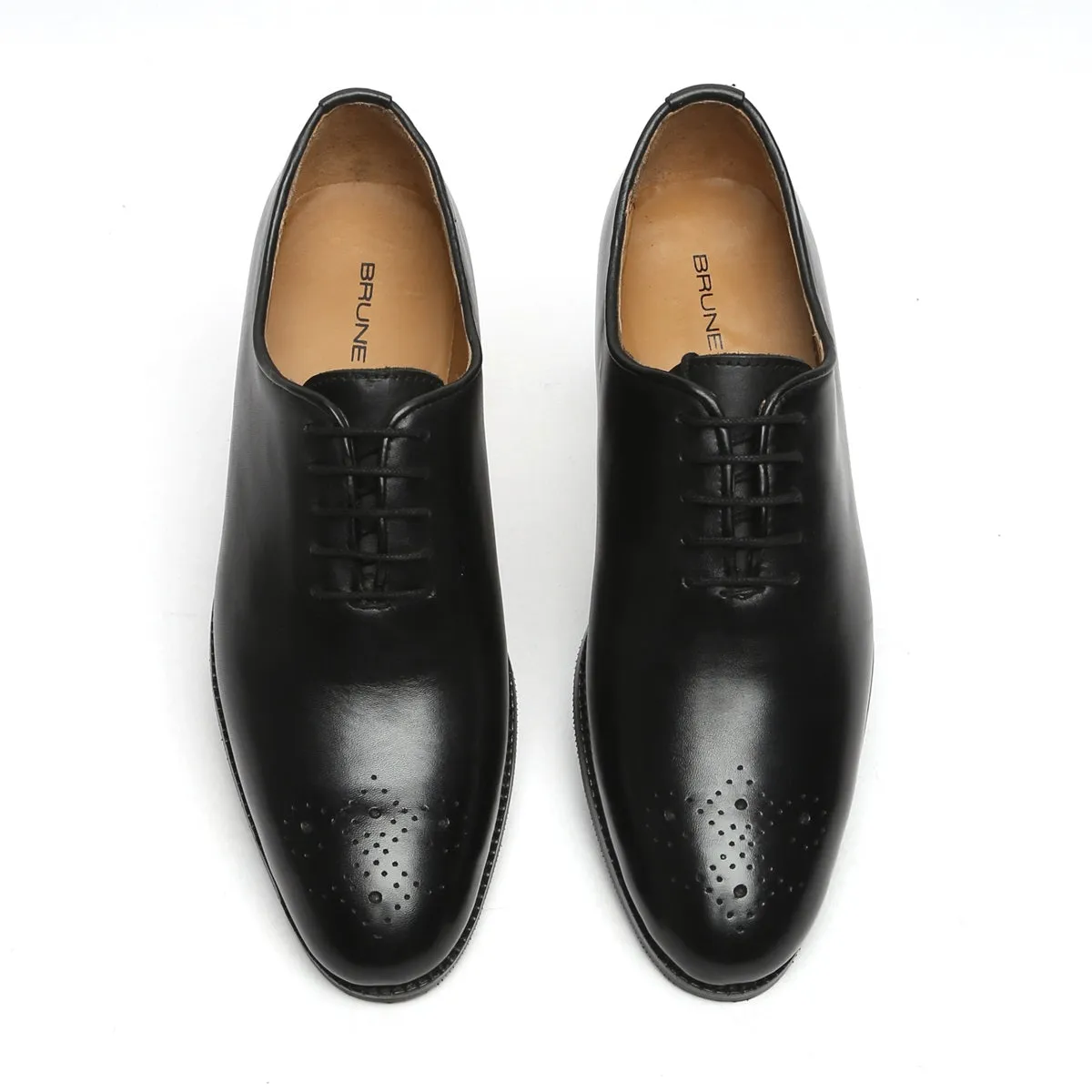 Black Leather Oxford Lace-Up Shoe Whole Cut/One Piece Medallion Toe By Brune & Bareskin