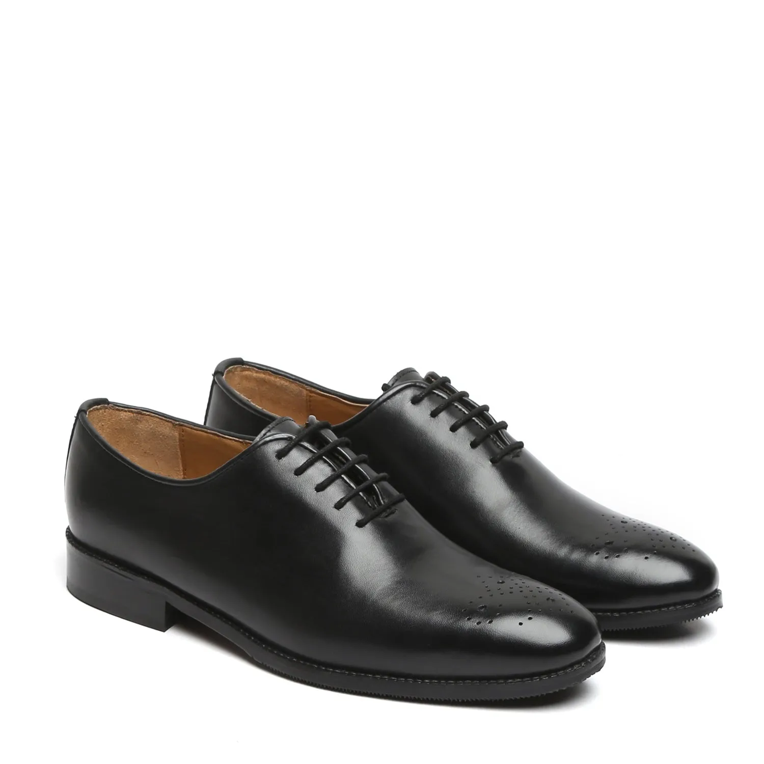 Black Leather Oxford Lace-Up Shoe Whole Cut/One Piece Medallion Toe By Brune & Bareskin