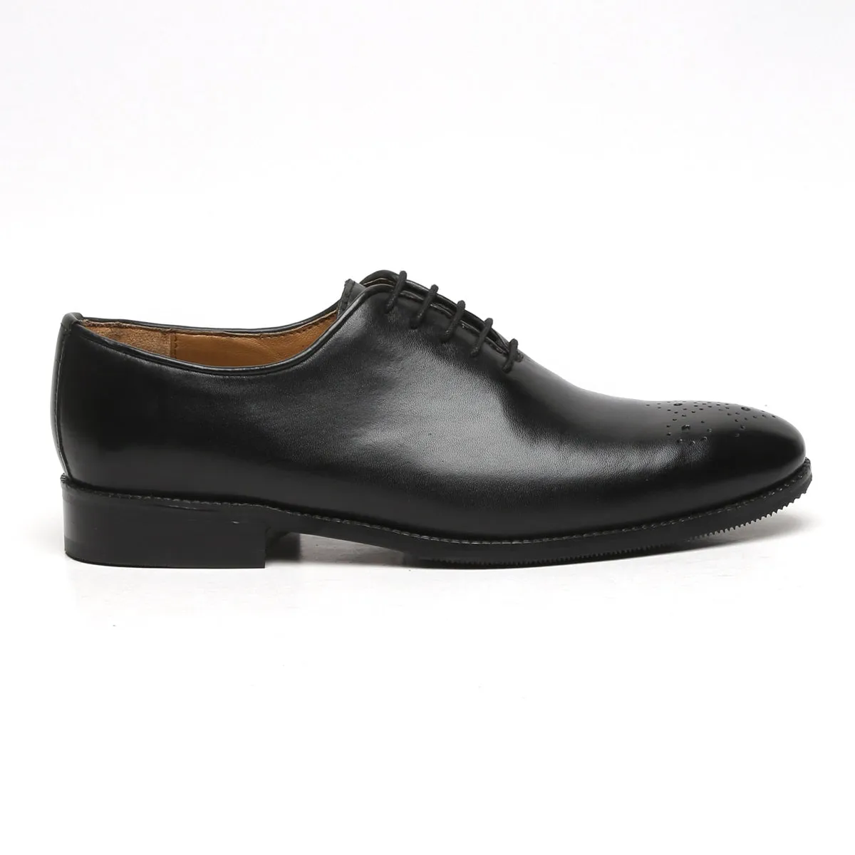 Black Leather Oxford Lace-Up Shoe Whole Cut/One Piece Medallion Toe By Brune & Bareskin