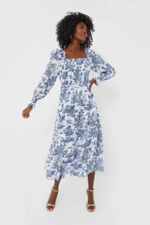 Blue Toile Long Sleeve Georgina Midi Dress