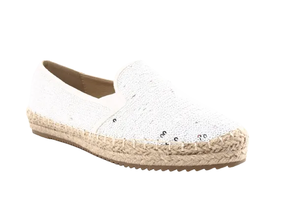 Damen Plateau Slipper Pailetten Espadrilles Spitzenstoff Slip On White # 163