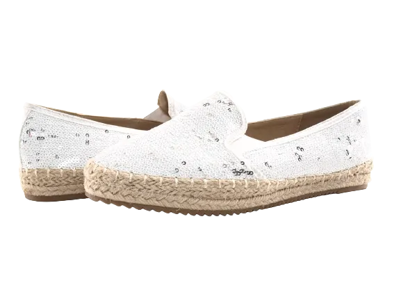 Damen Plateau Slipper Pailetten Espadrilles Spitzenstoff Slip On White # 163