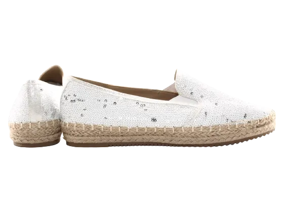 Damen Plateau Slipper Pailetten Espadrilles Spitzenstoff Slip On White # 163