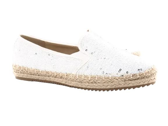 Damen Plateau Slipper Pailetten Espadrilles Spitzenstoff Slip On White # 163