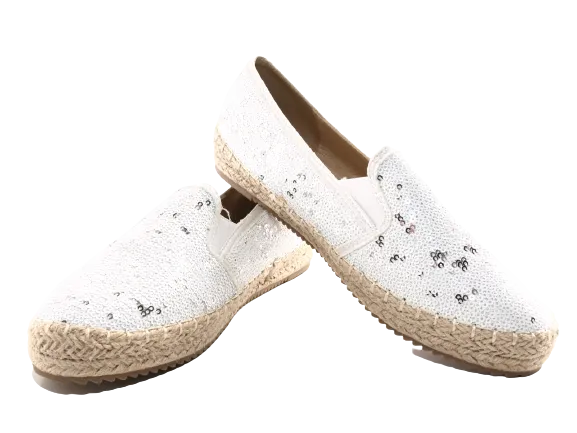 Damen Plateau Slipper Pailetten Espadrilles Spitzenstoff Slip On White # 163