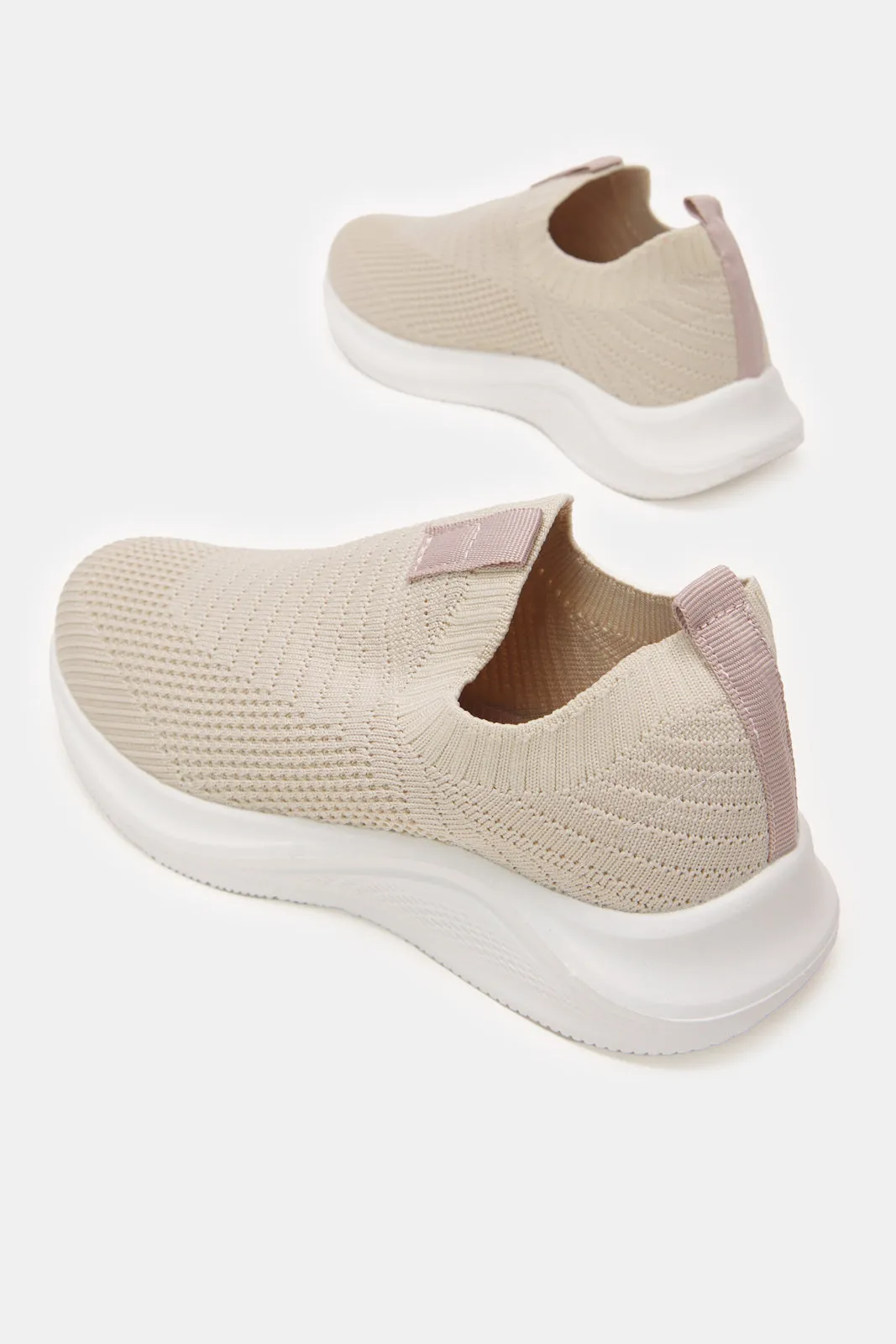 Girls Cream Fly knit Slip-On Sneakers