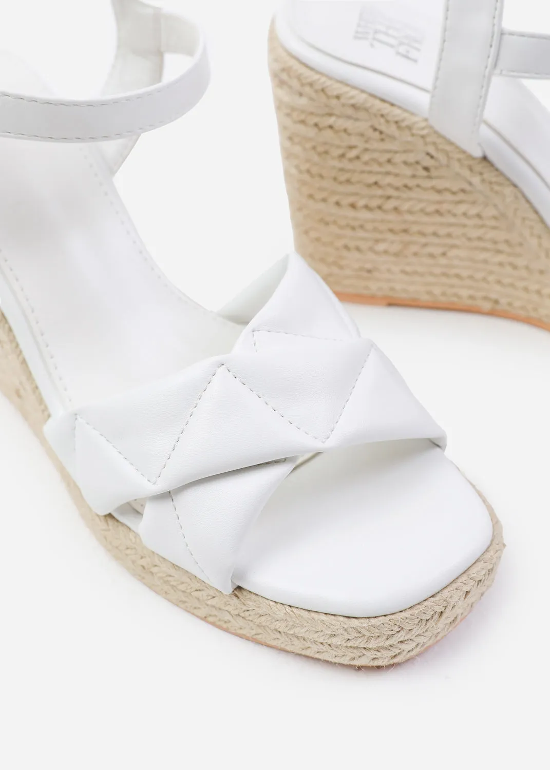 LIMA PADDED CROSS OVER STRAP ESPADRILLE WEDGES IN WHITE FAUX LEATHER