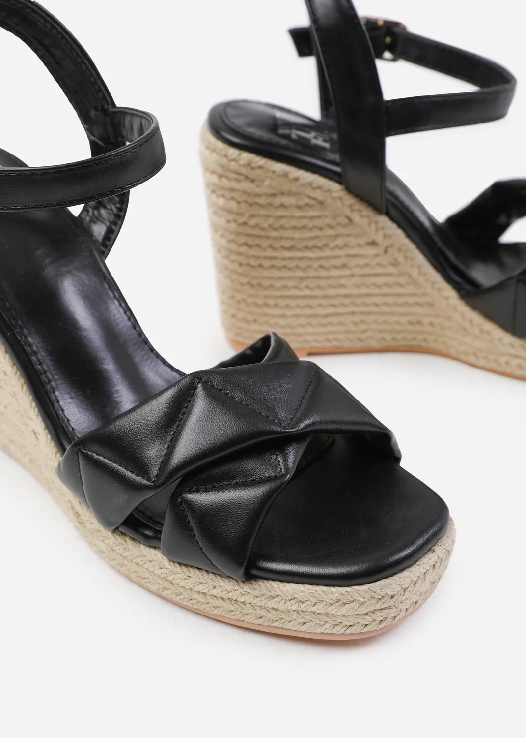 LIMA WIDE FIT PADDED CROSS OVER STRAP ESPADRILLE WEDGES IN BLACK FAUX LEATHER