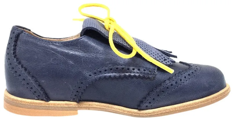 Manuela de Juan Girl's and Boy's Fringe Nuit Montana Blue Suede Leather Tassel Fringe Lace Up Oxford Shoe