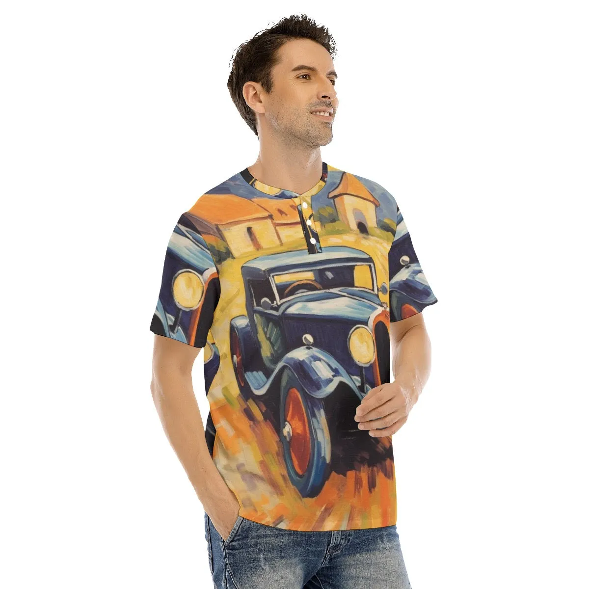 Men's Short Sleeve T-shirt With Button Closure #y172 classic car