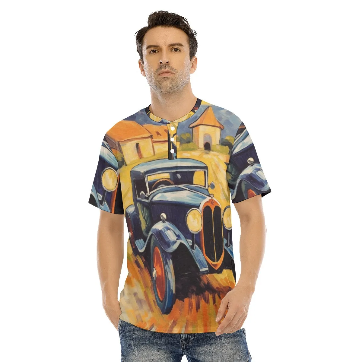 Men's Short Sleeve T-shirt With Button Closure #y172 classic car