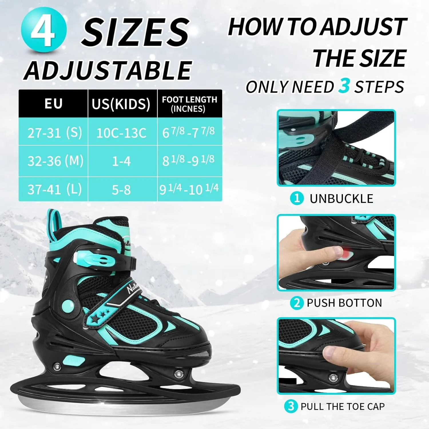 Nattork Adjustable Ice Skates for Kids - Teal