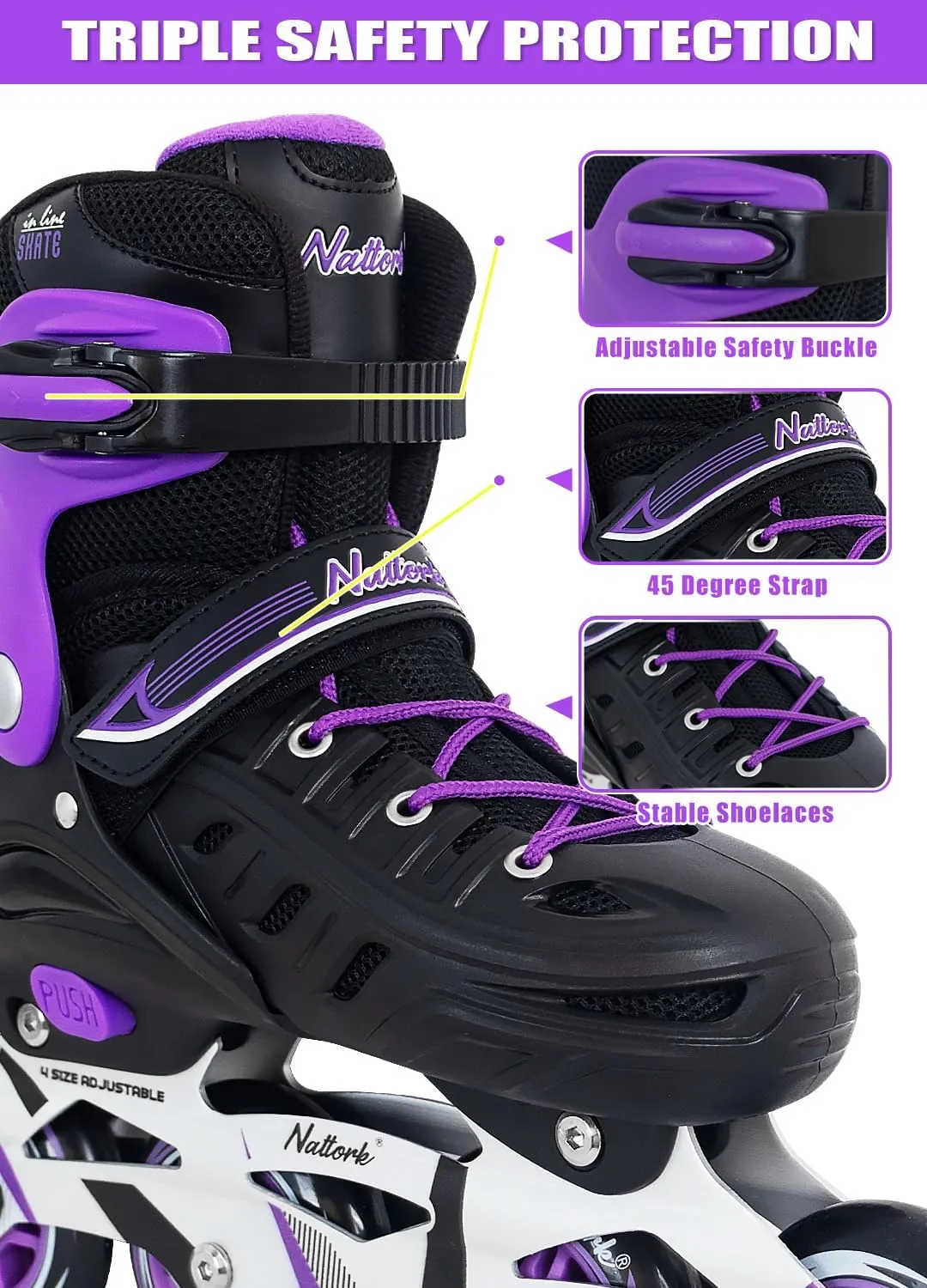 Nattork Adjustable Inline Skates For Kids & Adults - Purple