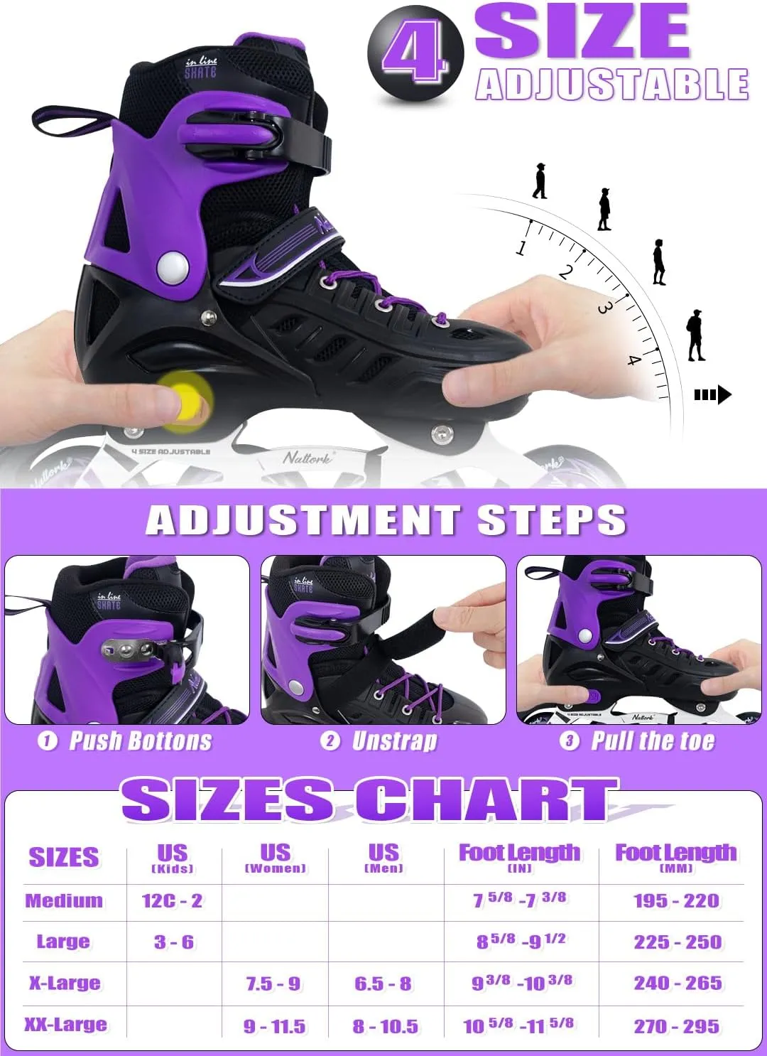 Nattork Adjustable Inline Skates For Kids & Adults - Purple