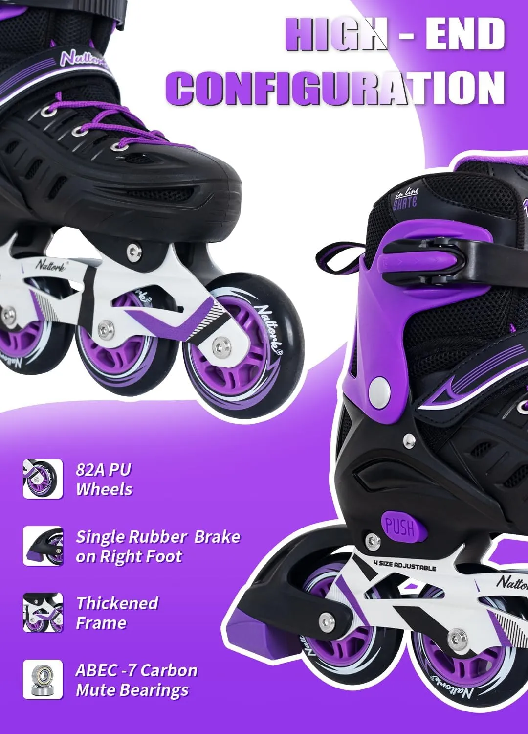 Nattork Adjustable Inline Skates For Kids & Adults - Purple