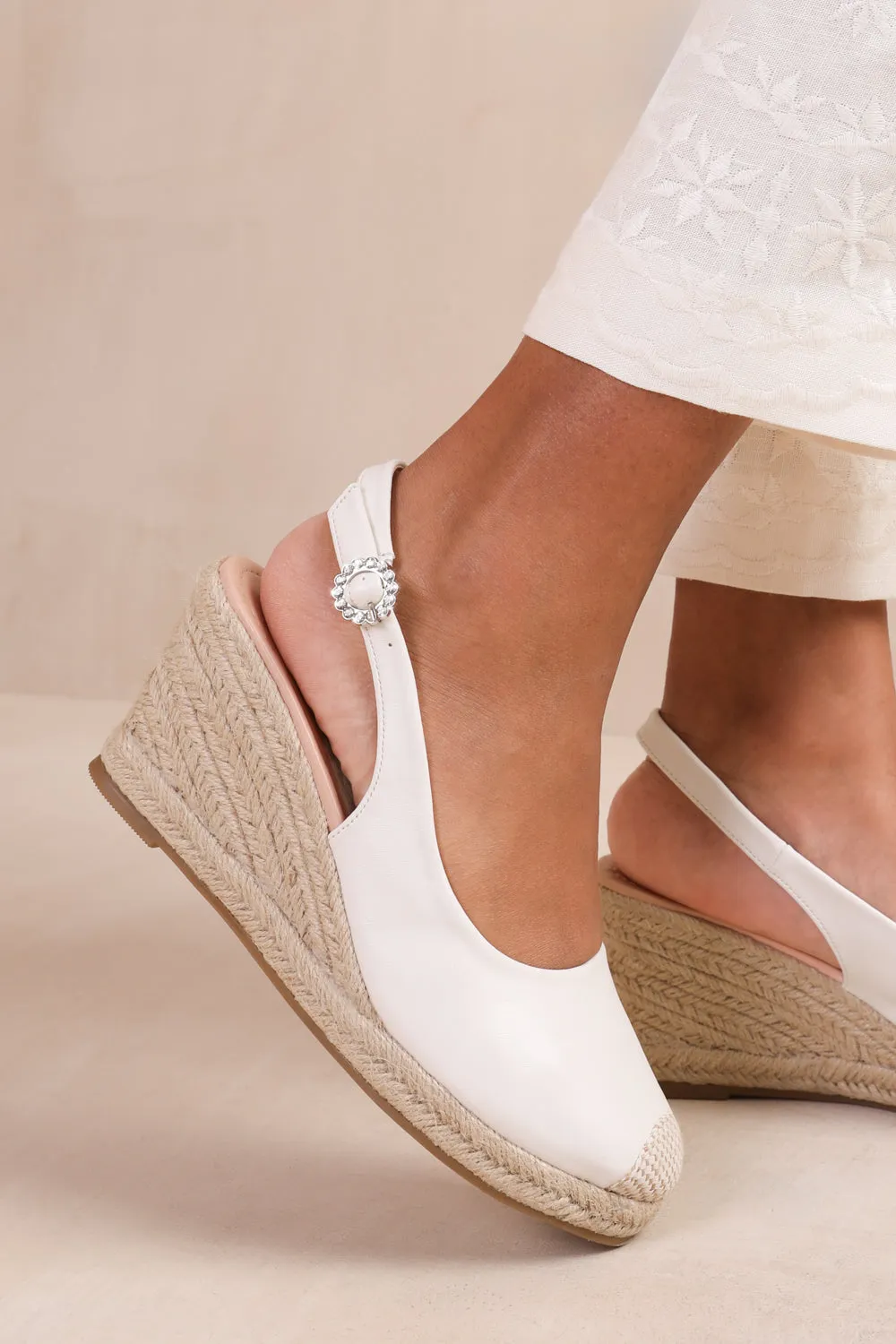 NEVADA SLINGBACK WITH DIAMANTE FLOWER BUCKLE ESPADRILLE WEDGES IN WHITE FAUX LEATHER