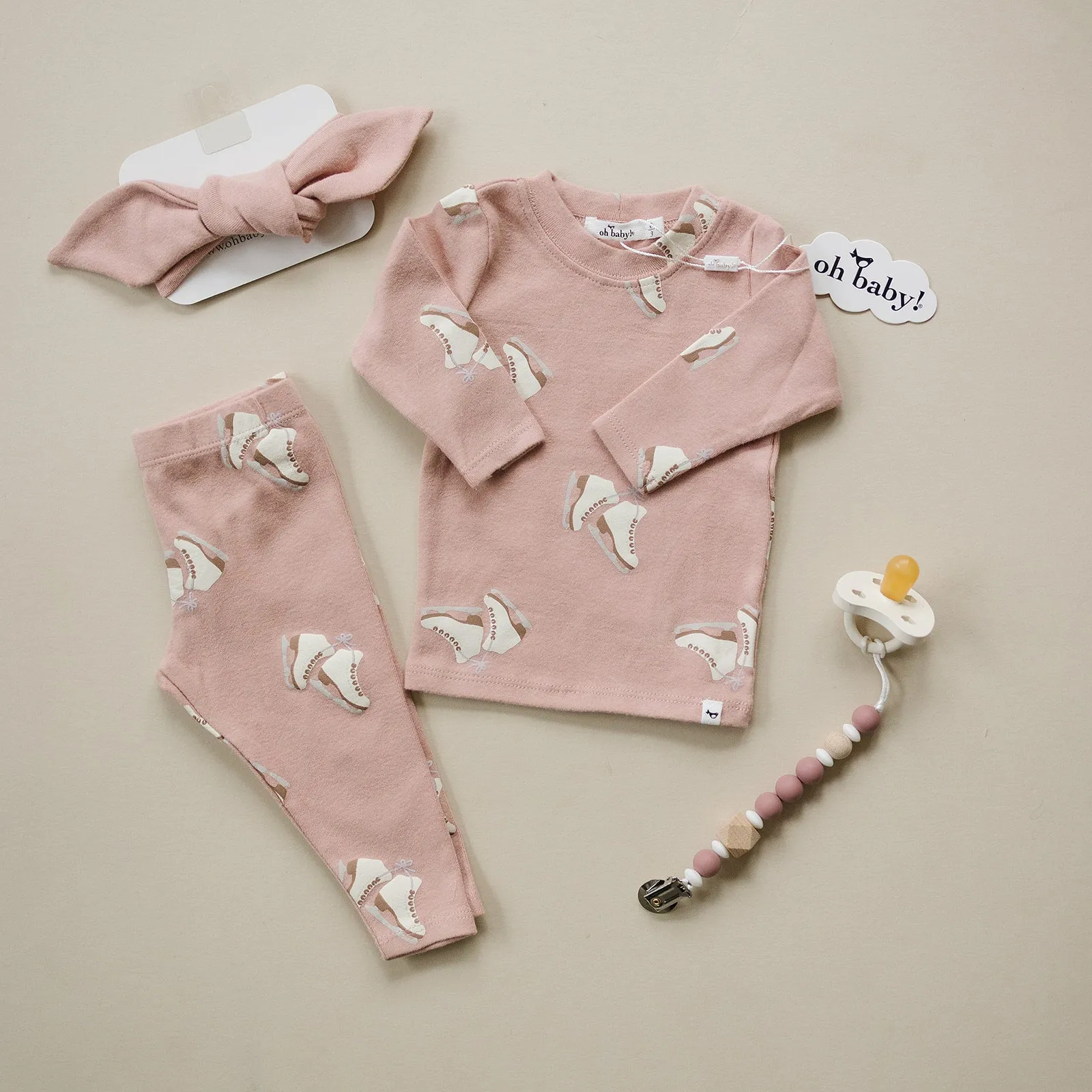 oh baby! Long Sleeve Two Piece Set - Ice Skates Print - Blush