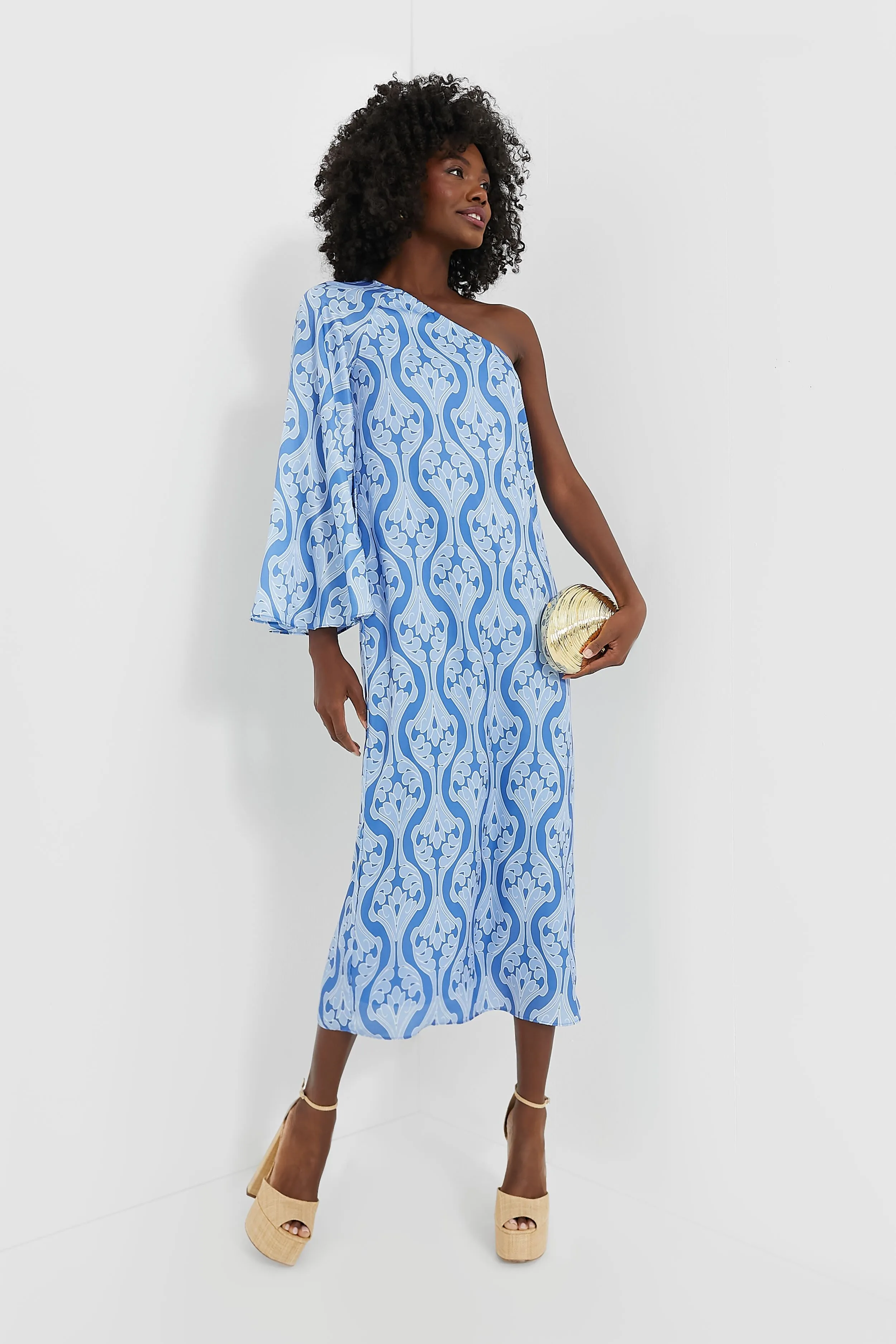 One Shoulder Blue Geometric Luna Dress