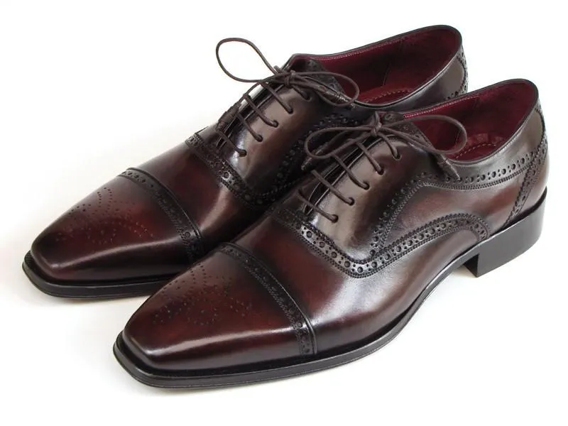 Paul Parkman Men's Captoe Oxfords Bordeaux & Brown Hand-Painted (ID#024-BRWBRD)