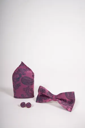 Pink Paisley Bow Tie, Cuff link and Pocket Square Set