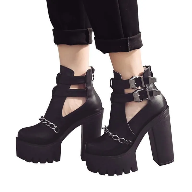 Punk Style Cut-outs Buckle Round Toe Chain Thick Heels Platform Booties