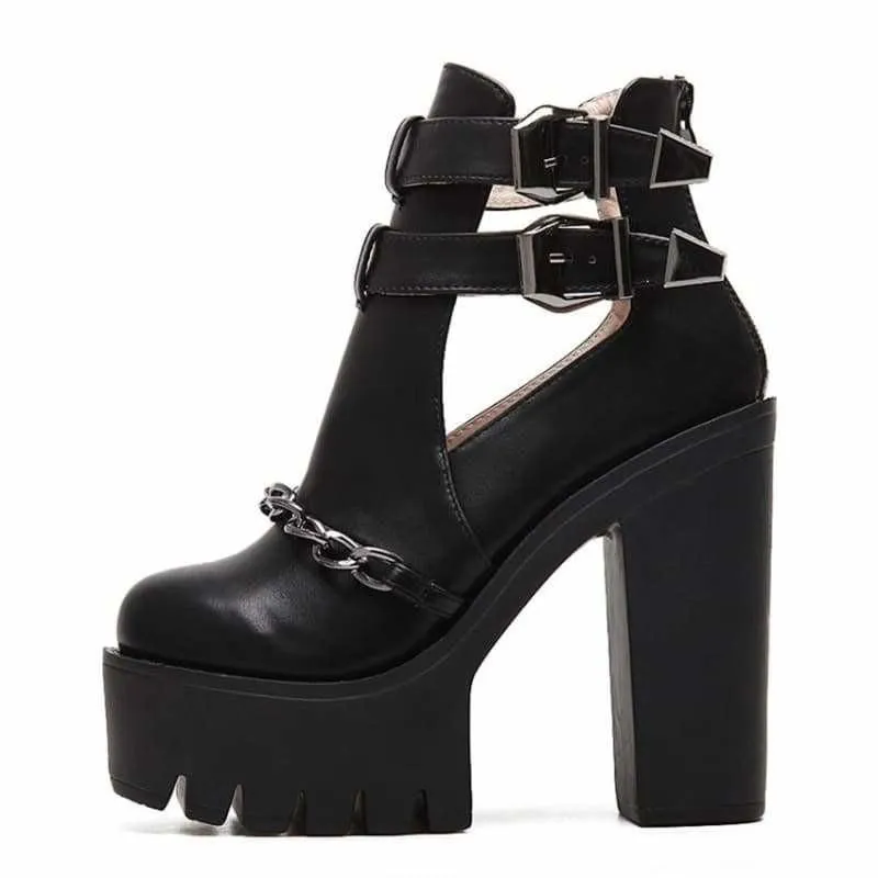 Punk Style Cut-outs Buckle Round Toe Chain Thick Heels Platform Booties