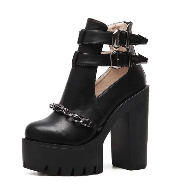 Punk Style Cut-outs Buckle Round Toe Chain Thick Heels Platform Booties