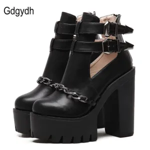 Punk Style Cut-outs Buckle Round Toe Chain Thick Heels Platform Booties