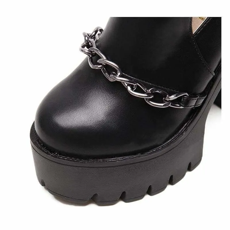 Punk Style Cut-outs Buckle Round Toe Chain Thick Heels Platform Booties