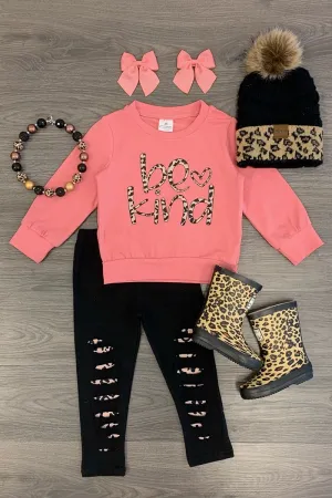 "Be Kind" Pink Leopard Distressed Legging Set