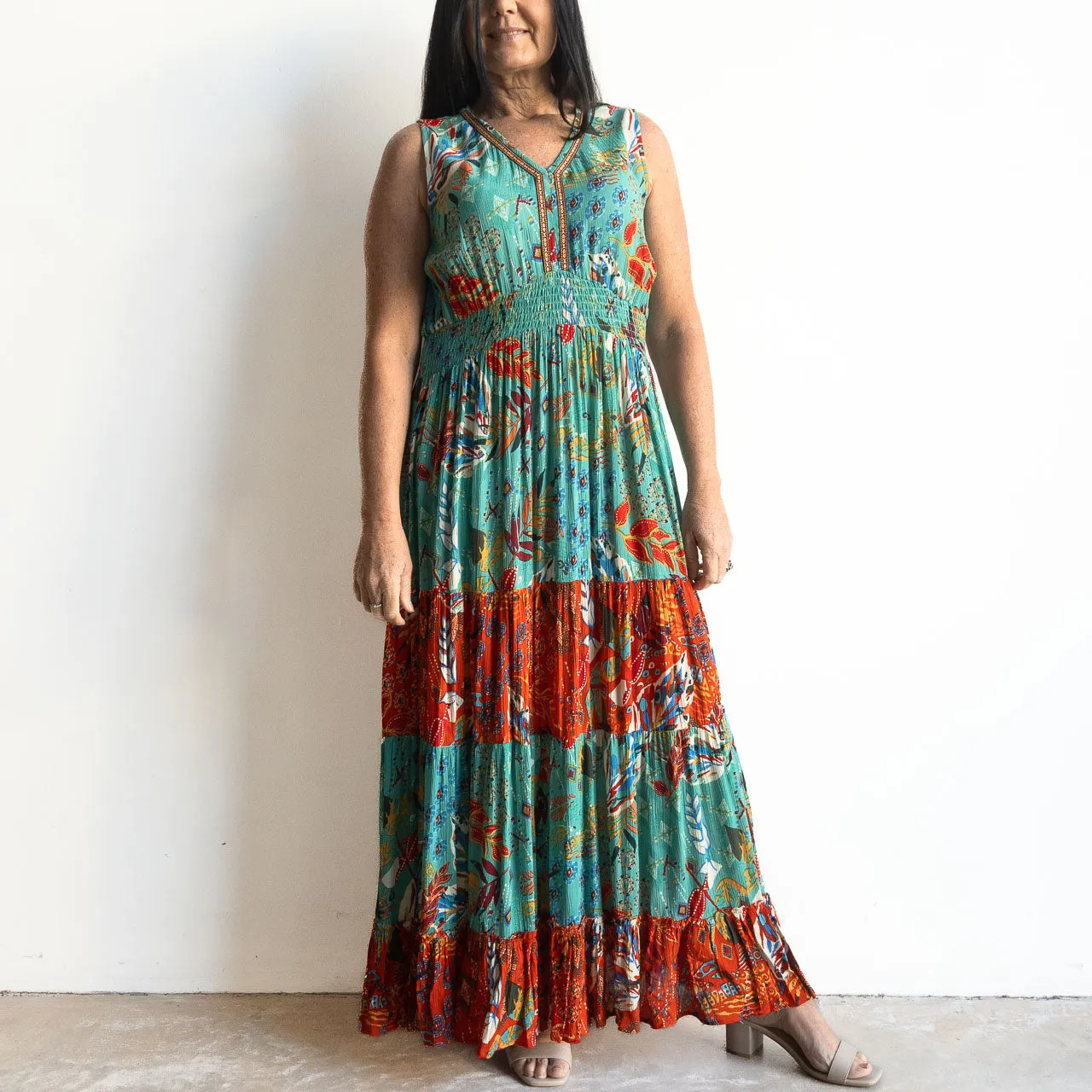 Shirred and Sleeveless Maxi Dress by Orientique Australia - Serengeti - 91013