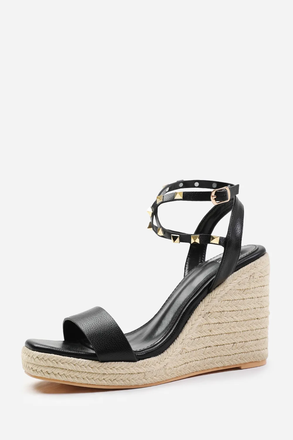 TEXAS CROSS OVER ANKLE STRAP WITH STUDD DETAIL ESPADRILLE WEDGES IN BLACK FAUX LEATHER