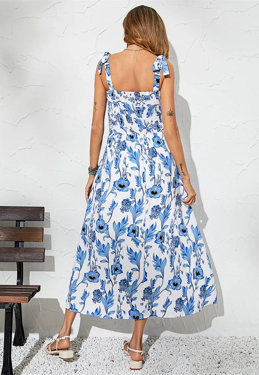 Tie Shoulder Shirred Floral Dress