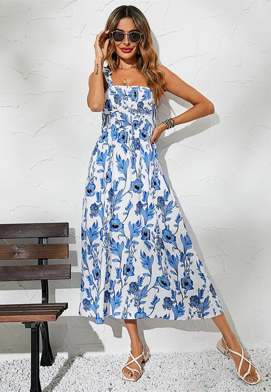 Tie Shoulder Shirred Floral Dress