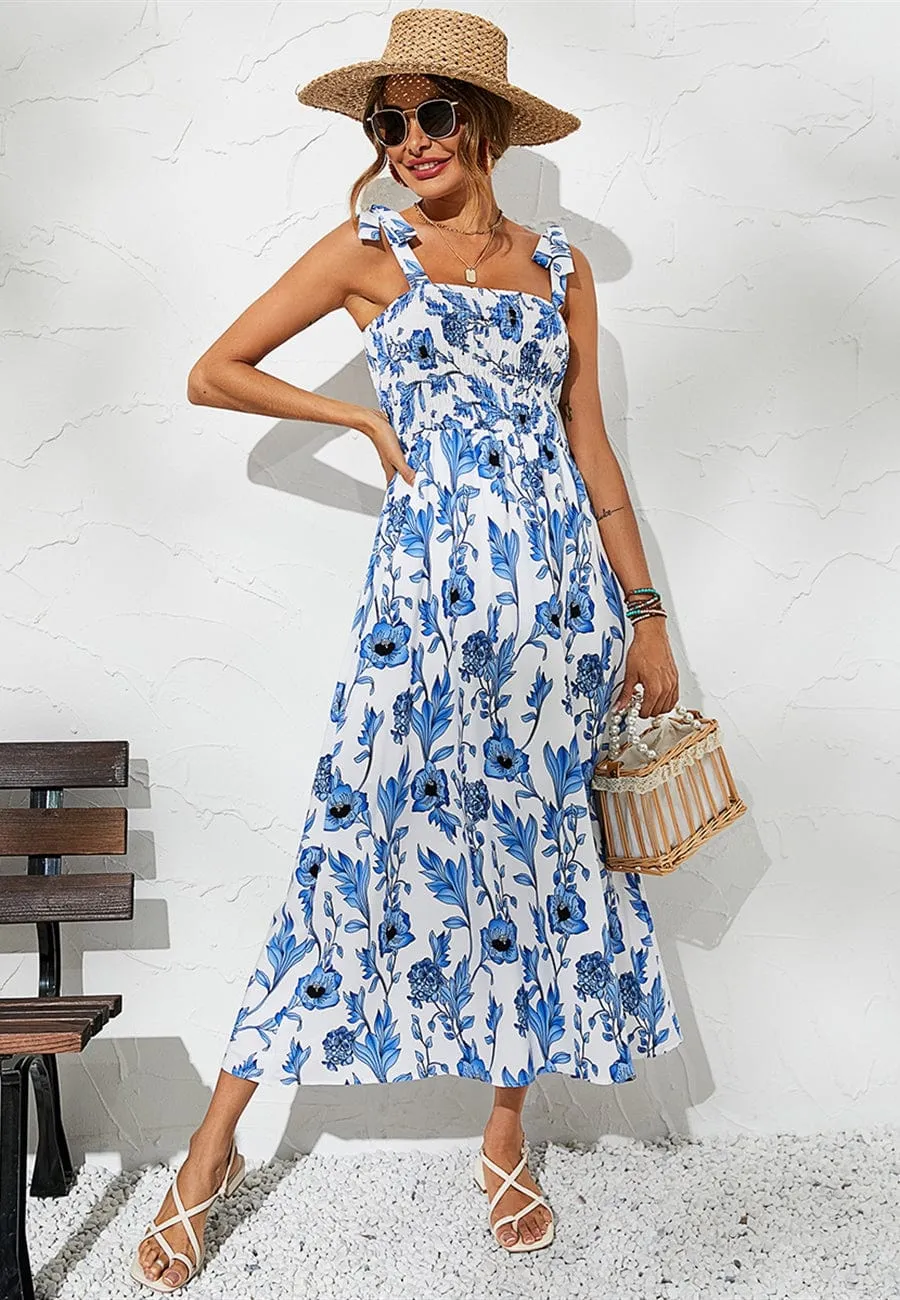 Tie Shoulder Shirred Floral Dress