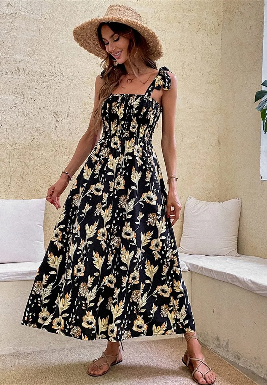 Tie Shoulder Shirred Floral Dress