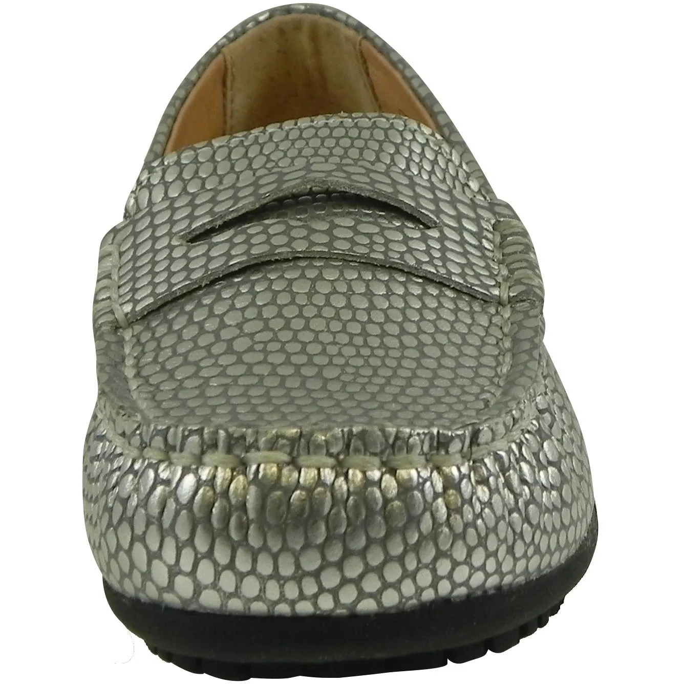 Umi Girl's Mariel Snake Print Slip On Moccasin Loafer Shoe Flats Silver